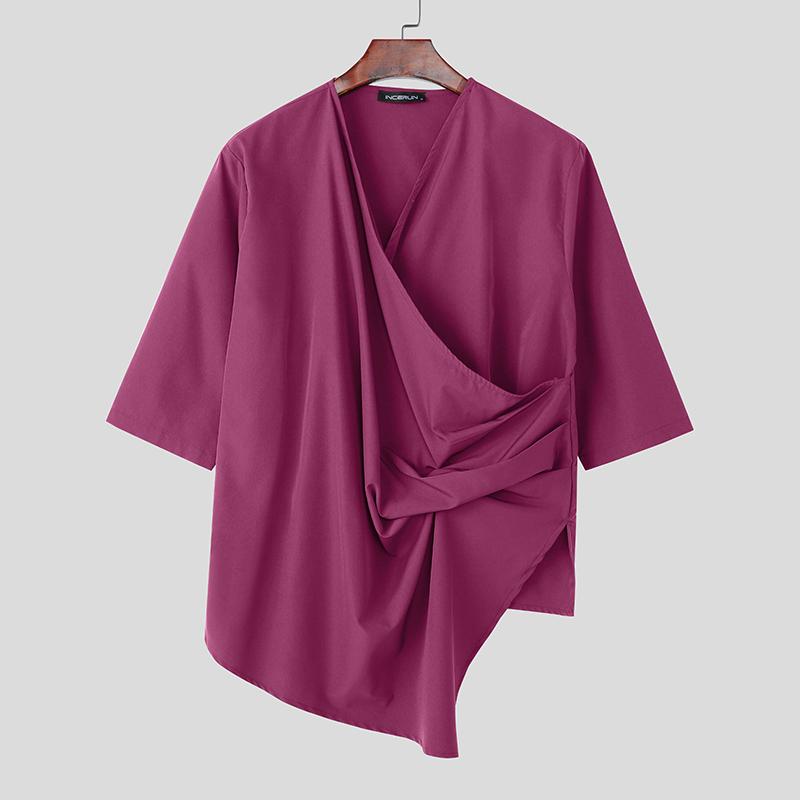 INCERUN Oversized Men V Neck Short Sleeve Solid Color Casual Loose Irregular T-shirts Tops