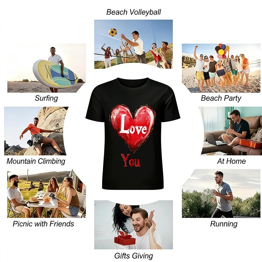 Vintage Heart Love You Print Couple Casual T-Shirt Pure cotton T-shirt