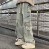 Men Cargo Pants High Street Style Straight Wide Leg Long Trousers Elastic