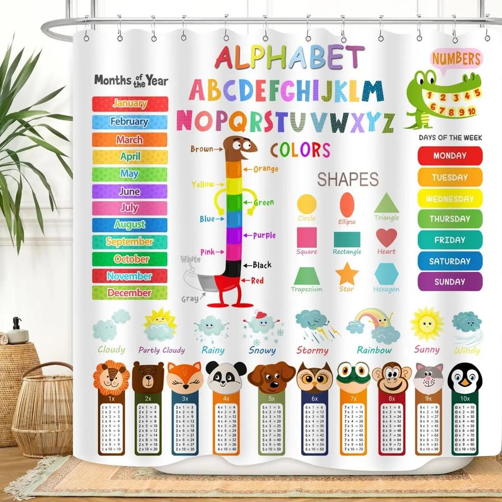 Cartoon Tier Alphabet Duschvorhang Kinder Abc Lernmittel Baby Mädchen Jungen Bunt Badevorhang Badezimmerdeko