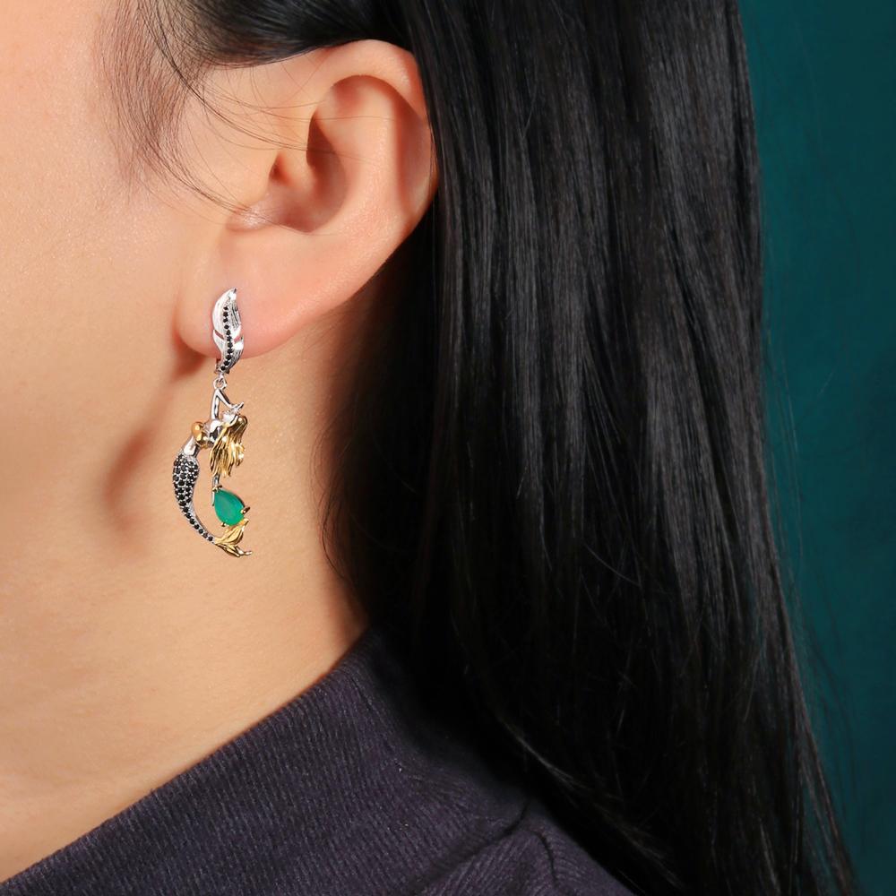 Gorgeous mermaid-shaped design paired with natural green agate gems ring Earrings Set 925 silver fine jewelry for women and girl