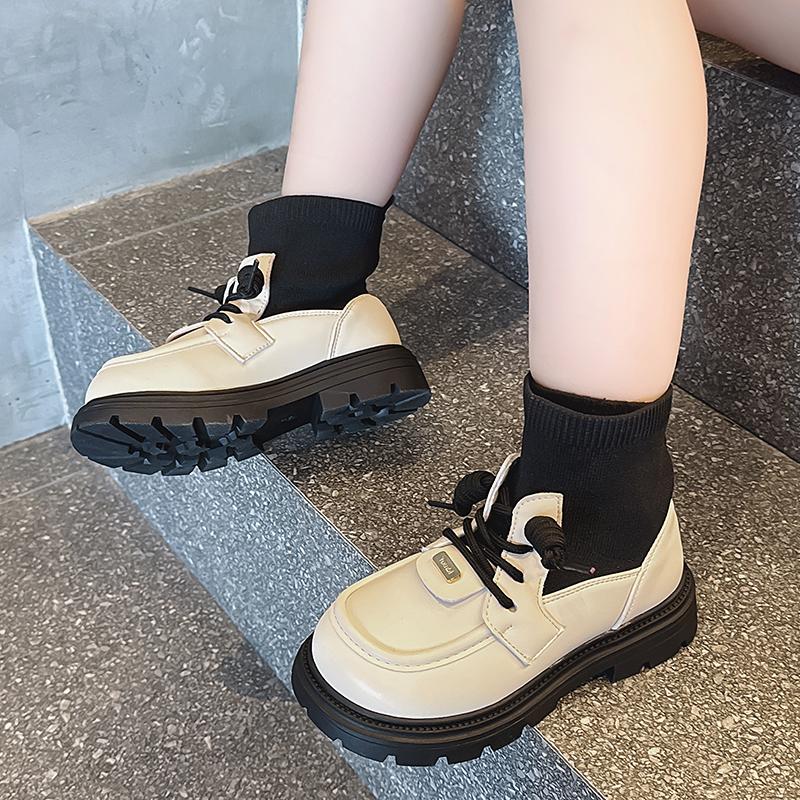 New Girls Socks Boots Black Beige Thick Bottom Kids Causal Fashion Boots Round-toe Patchwork Princess Children Shoes Non-slip