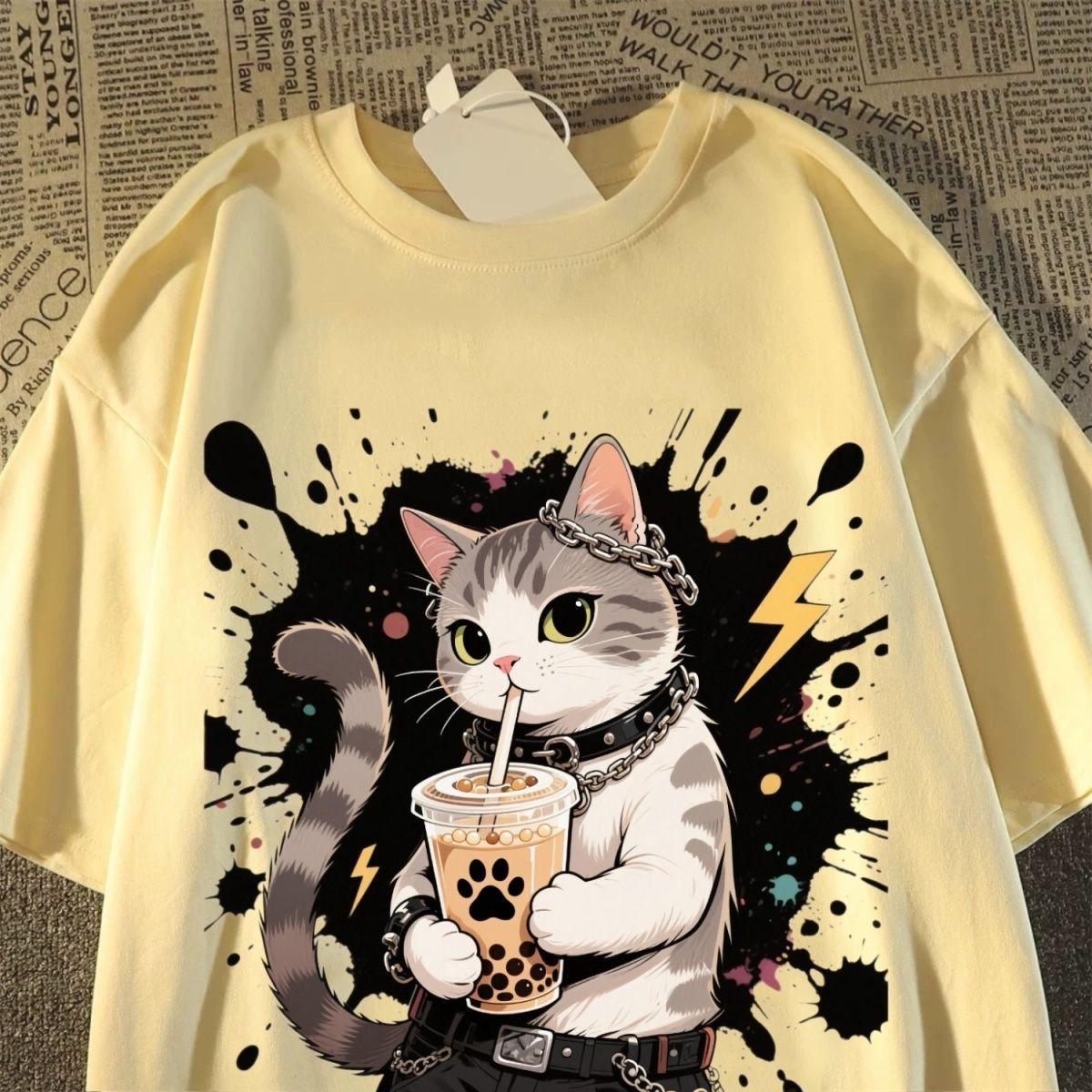 

Tshirtand WoUnisex Summer New Drag Cool Kitten Print Tshirt American Student Shortsleeved Top Trendy 4XL