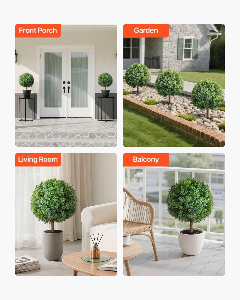 Artificial Topiary Boxwood Trees with Ground Spike, 2 Set 686mm Faux Shrubs & Bushes Potted Plants, Fake Silk Tree Look Real for Decor Front Porch