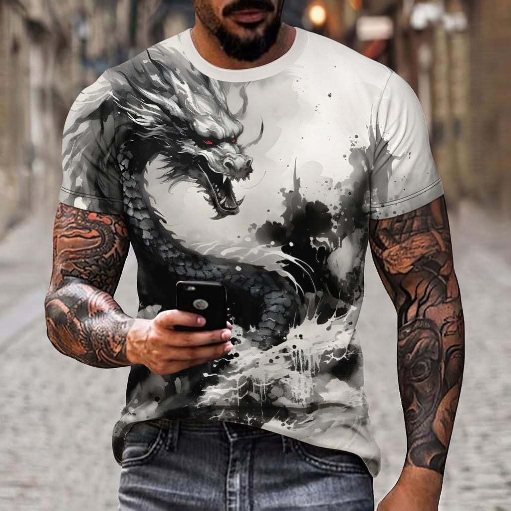 New Round Neck T-Shirt 3d Dragon Print Men's Cool Polyester Chinese Style Short Sleeved Fashionable Holiday Versatile Top