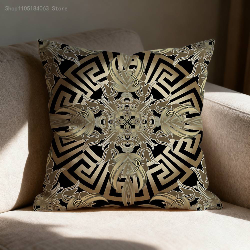Greek Key Golden Baroque Style Pillow Case Print Polyester Fiber 40X40 Cm Home Sofa Throw Cushion Cover Decoration