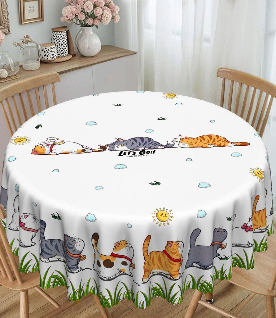 Kitchen Table Cloth Cute Cat Round Tablecloth Home Decor Available Cartoon Pattern Printed Desk Tablecloth Process Courtyard