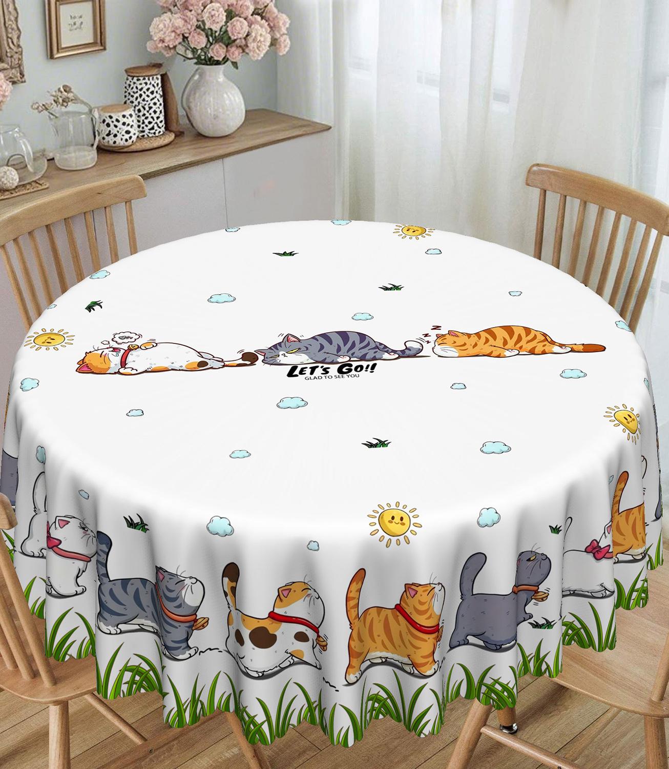 

Kitchen Table Cloth Cute Cat Round Tablecloth Home Decor Available Cartoon Pattern Printed Desk Tablecloth Process Courtyard 152x152cm