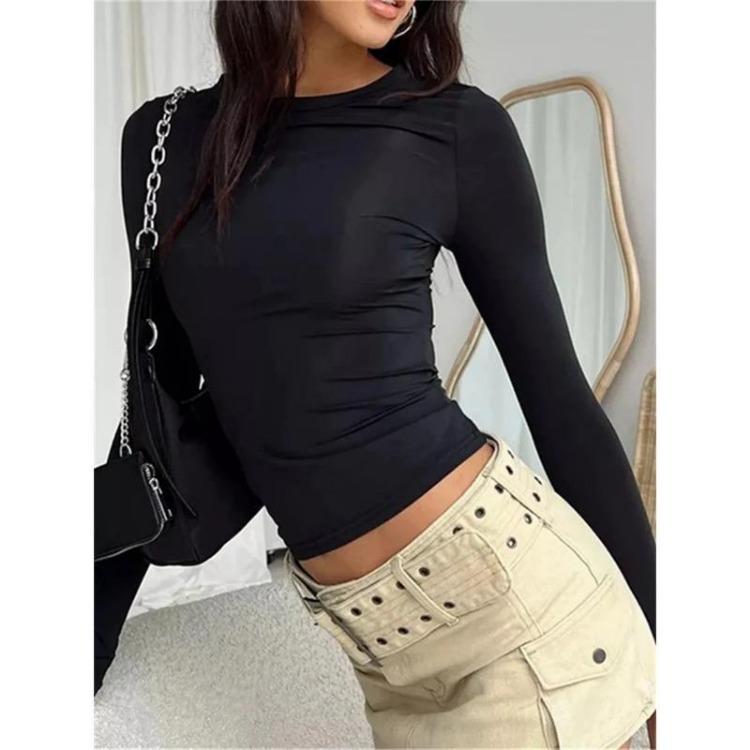 Autumn Fashion Slim Long Sleeve T Shirt Women Solid Color Round Neck Top Wear Inside or Outside