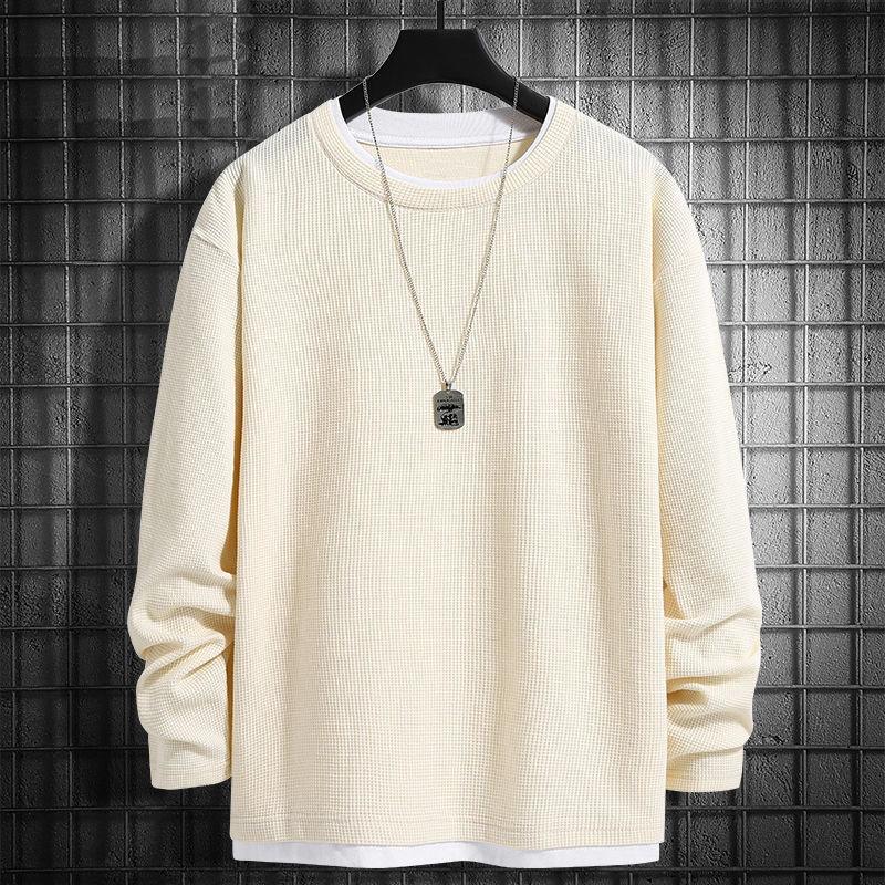 Waffle Long-sleeved T-shirt for Men's Spring Autumn Fake Two-piece Sweatshirt New Base Shirt Solid Color