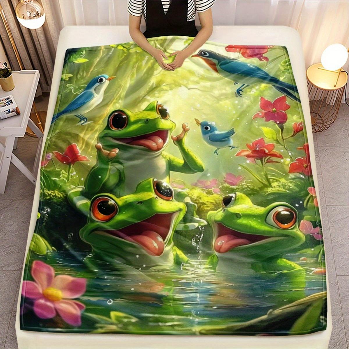 1pc Cute Frogs and Birds Flannel Blanket Nature Pond Wildlife Print Soft Children s Bedding Green Animal Theme Throw Cover 75x90cm