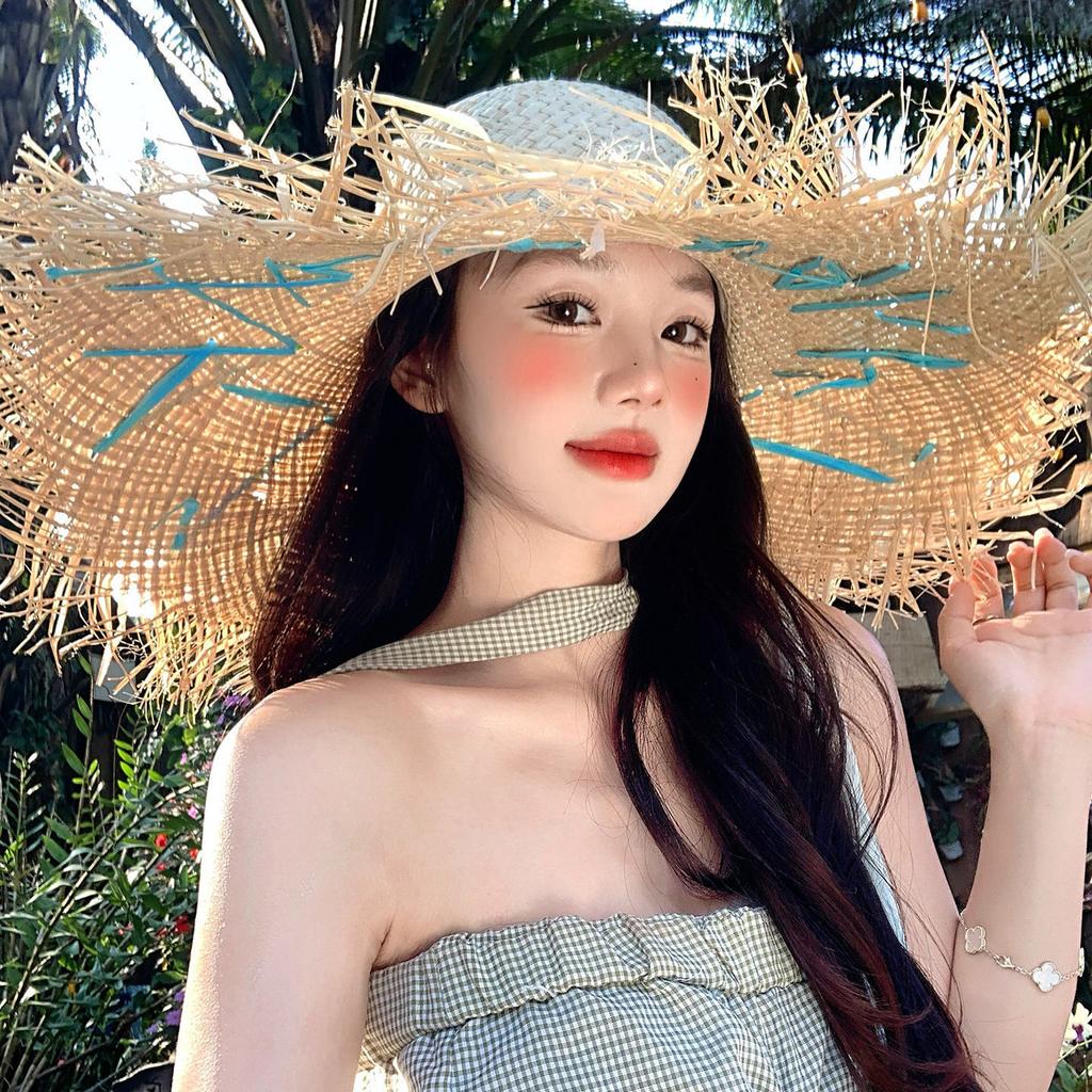 Seaside Vacation Wind Letter Woven Lafite Straw Hat Women'S Summer Beach Sun Hat Large Brim Sun Protection Sun Hat