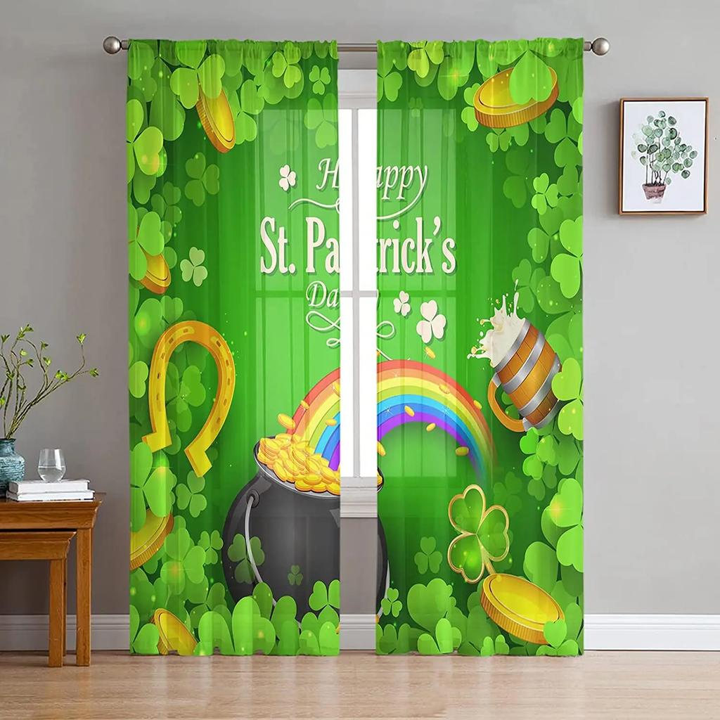 St Patrick Day Curtains Shamrocks Gold Beer Hat Voile Curtain Green Lucky Leaves Window Drapes Bedroom Living Room Sheer For Area Made Of Polyester
