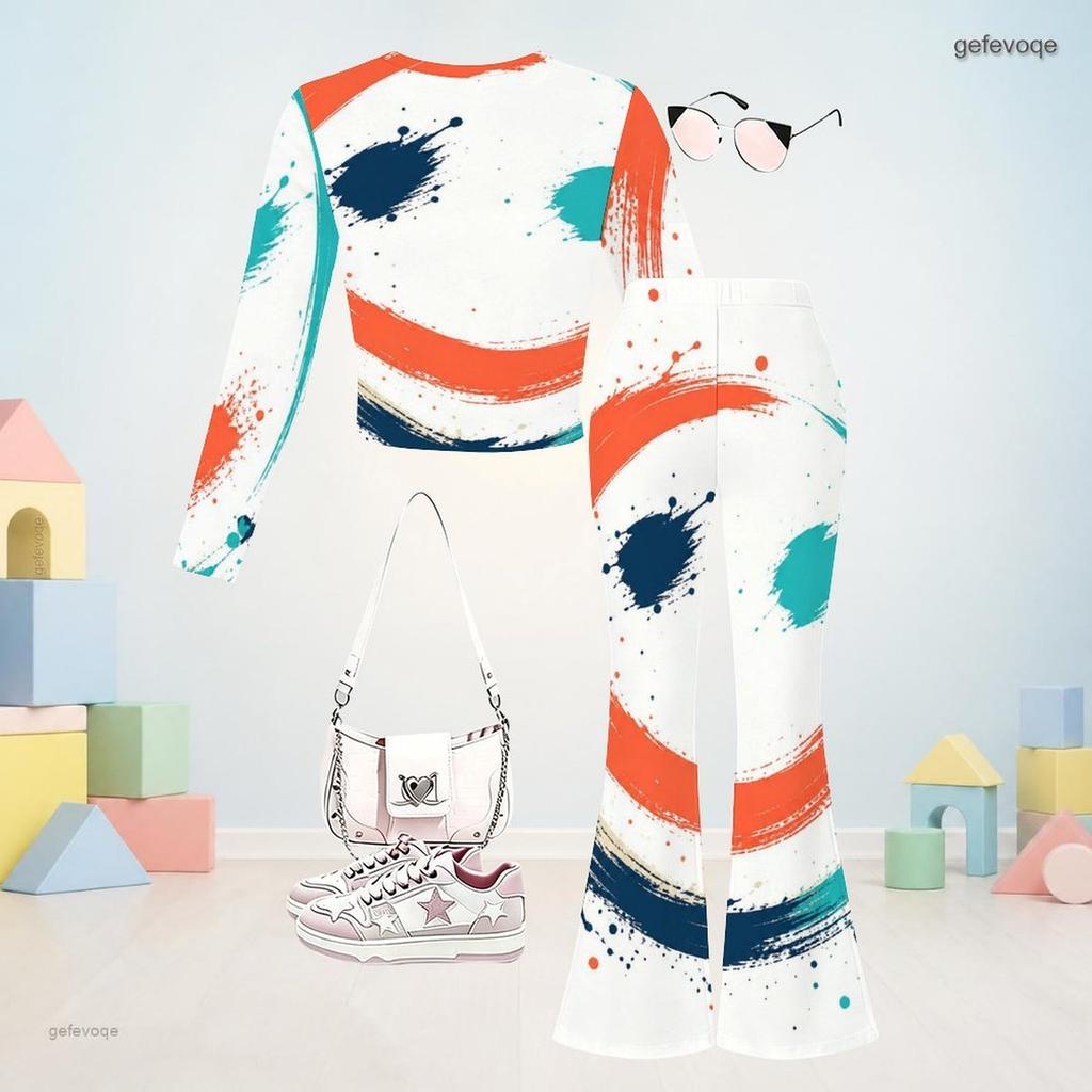 Girls Round Neck Long Sleeve Printed Top Flared Pants Two Piece Set