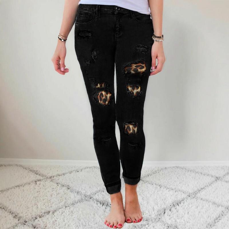 High-Waisted Stretch Denim Jeans Women Distressed Pencil Pants With Leopard Patch Detail Urban Casual Slim Fit