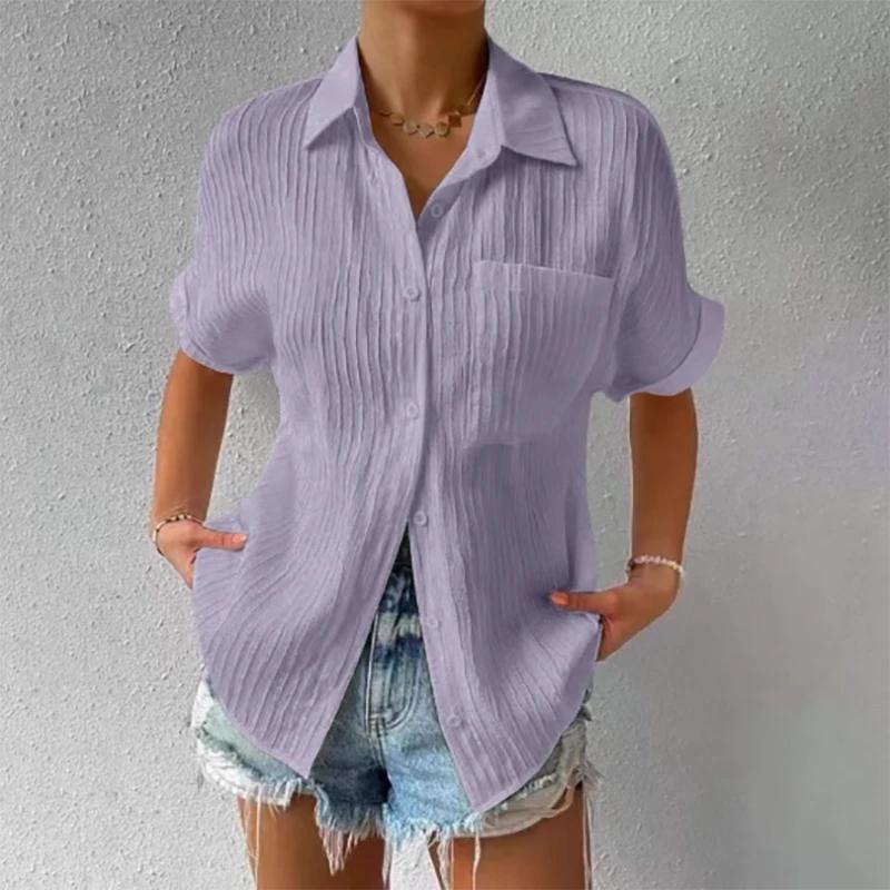 Summer Casual Solid Color Shirts Women Fashion Turn-down Collar Short Sleeves Pockets Buttons Cardigans Commute Slimming Blouses