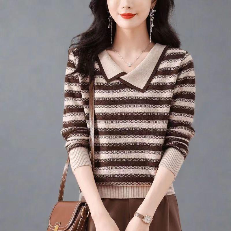 Spring and Autumn Women's Jacquard Lapel Striped Sweater Knitted Sweater Loose Base Sweater
