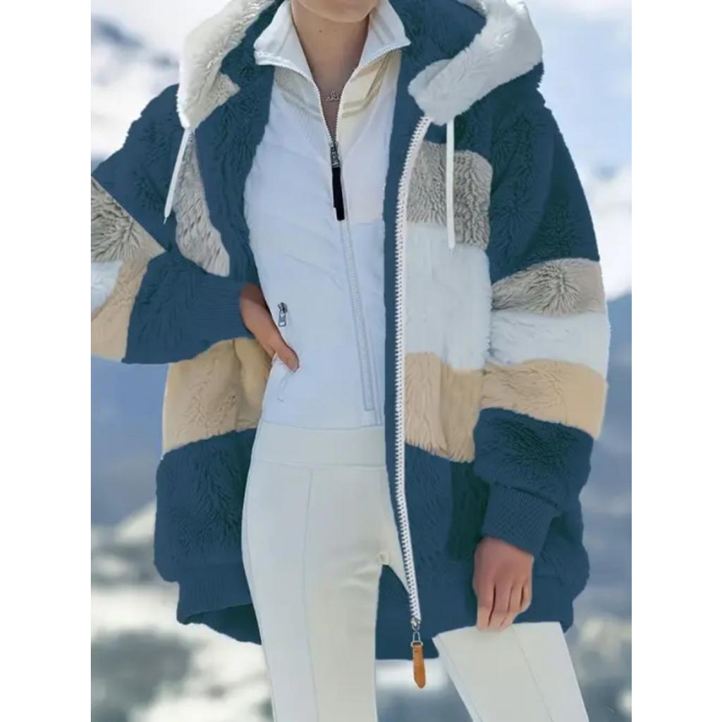Podzimní a zimní nová teplá plyšová patchworková bunda s kapucí a volným střihem na zip pro ženy