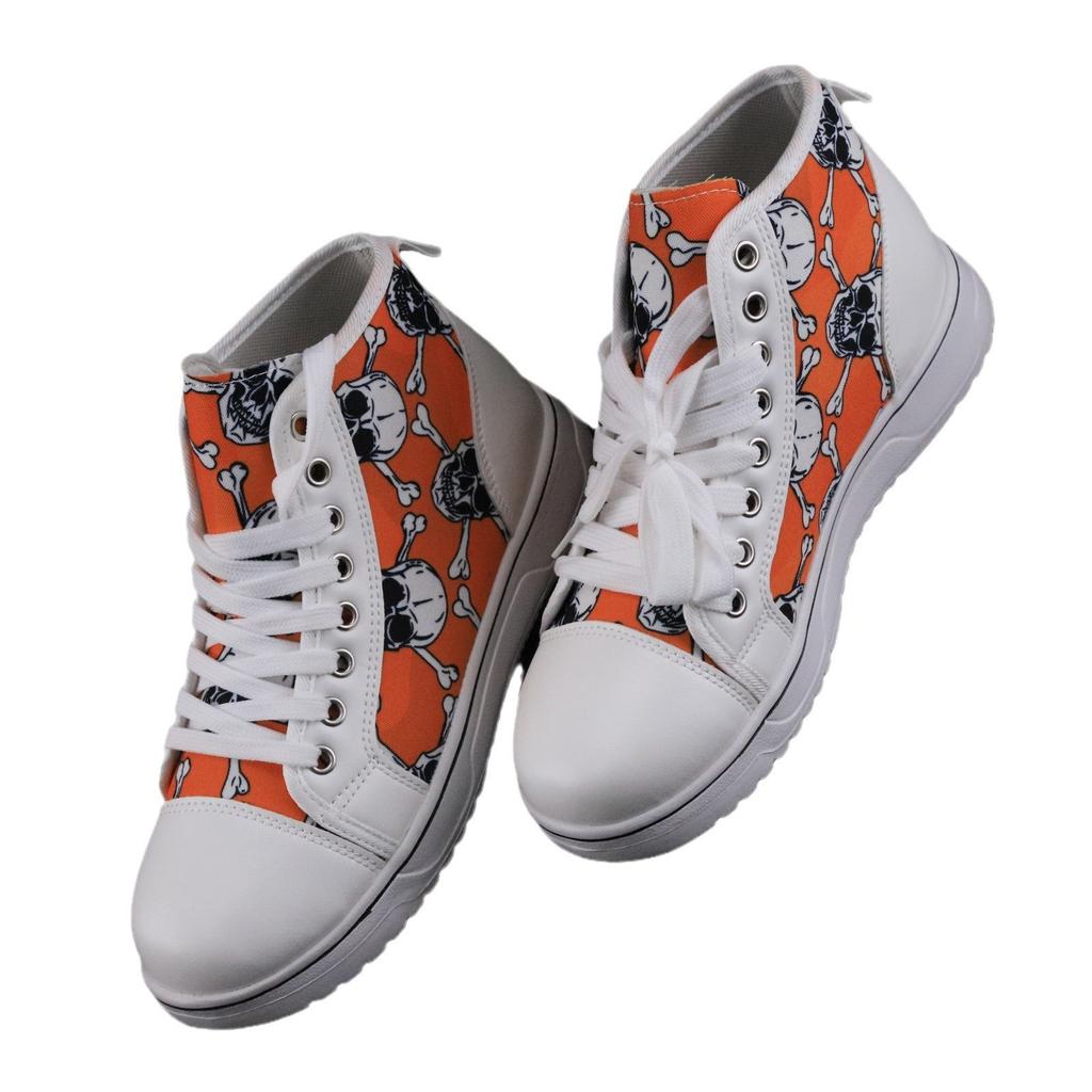 Large Size Halloween Skull Bone 3D Printing High Top Lace-up Casual Canvas Shoes Flat Baseplate Shoes Women