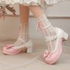 Fashion Woman Med Heel Lolita Shoes Patent Leather Patchwork Cute Bow Mary Jane Pumps Bride Wedding Cosplay Party Pink Black Size 31-48