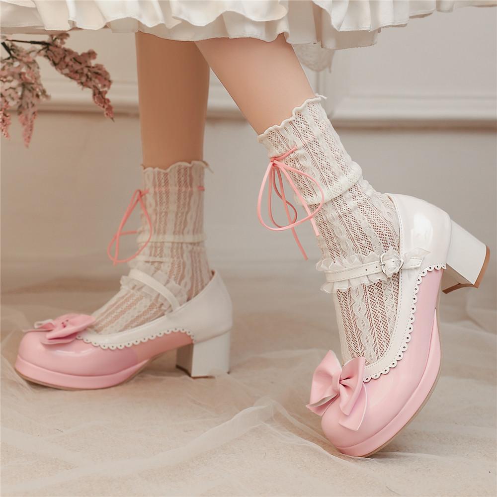 Fashion Woman Med Heel Lolita Shoes Patent Leather Patchwork Cute Bow Mary Jane Pumps Bride Wedding Cosplay Party Pink Black Size 31-48
