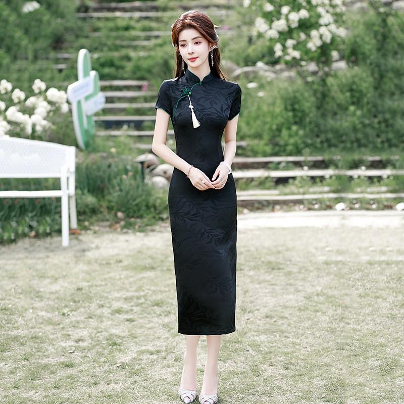 Pink Modern Chinese-Inspired Qipao Dress Women Short Sleeve Stand Collar Floral Jacquard Wearable Petite Girls