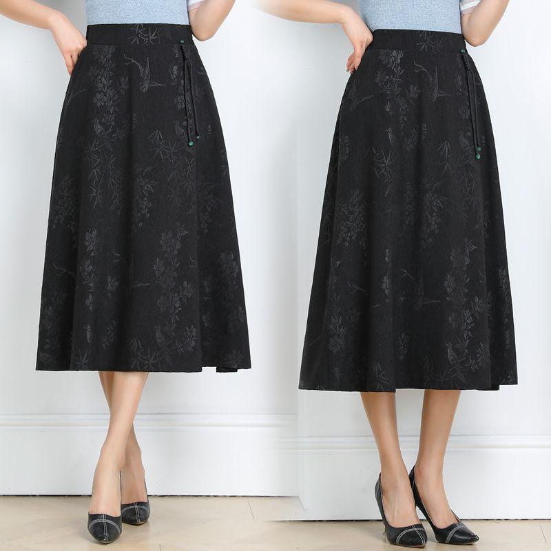 Damen Jacquard Midi Rock im chinesischen Stil, hohe Taille, A-Linie, mit Taschen