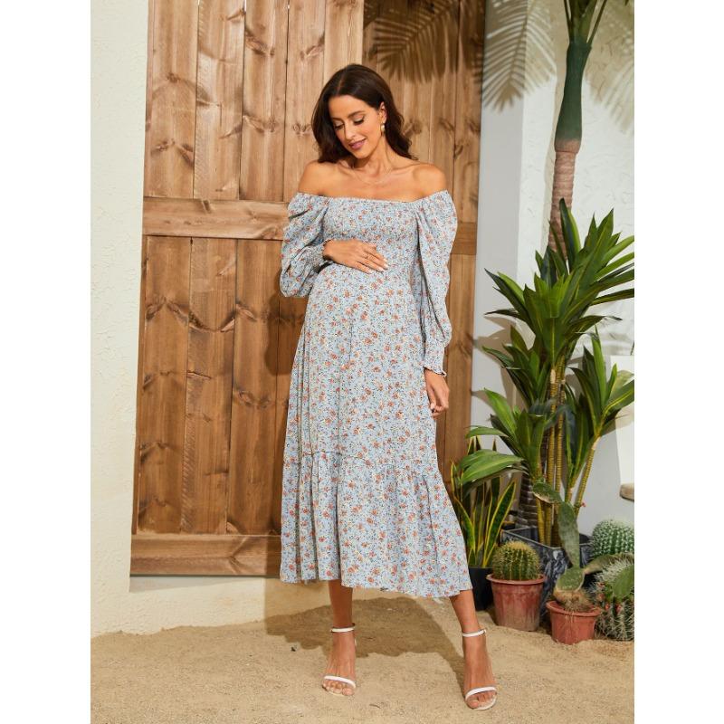 YYFS Women's Fashion Spring Fall Flower Pattern Print Long Sleeve One Shoulder Loose Waistline Casual Dresses