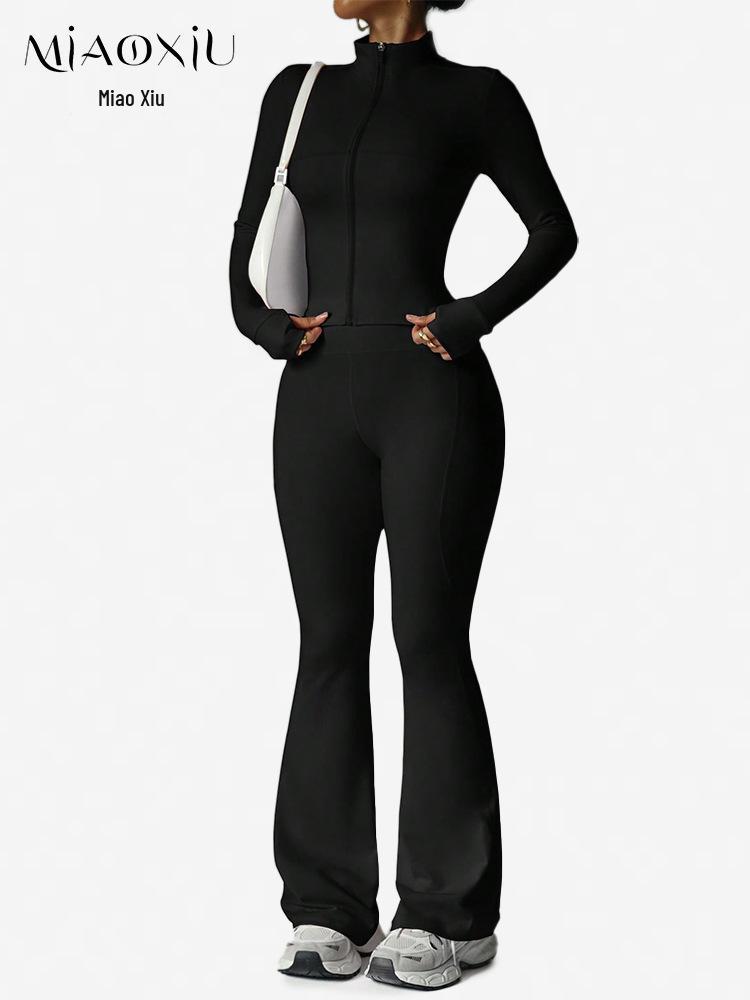 Waist-Cinching Yoga Set: Long-Sleeve Jacket & Butt-Lifting Micro-Flare Pants - Women's Sportswear for Autumn/Winter.