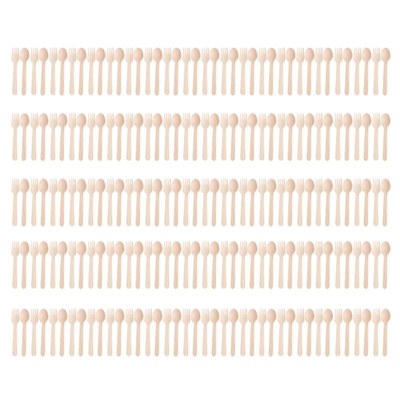 Wooden Eating Utensils Pack of 100 Disposable Cutlery Spoon Fork Knife Birchwood Cutlery Set Environmentally Friendly