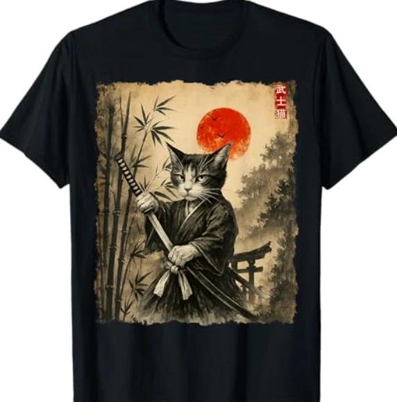 Samurai Cat Japanese Art Funny Graphic Tee Anime T-Shirt 3XL