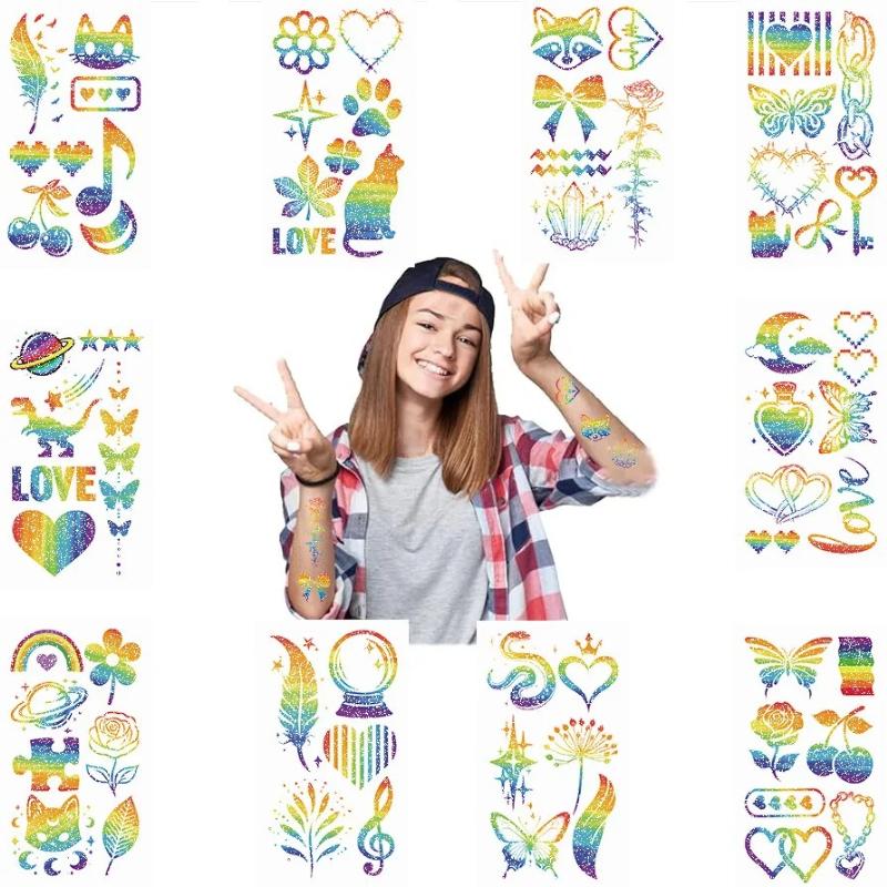10 Stück Glitzer Regenbogen Cartoon Tattoo Aufkleber Schimmernd im Sonnenlicht Wasserdicht Party Körperbemalung für Gesicht und Arme Temporär