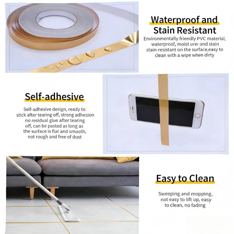 Self-Adhesive Tile Seam Sticker Waterproof Mildew Proof Floor Wall Decor Tape Gold Silver Black PET Gap Filler Strip for Kitchen Bathroom Bedroom