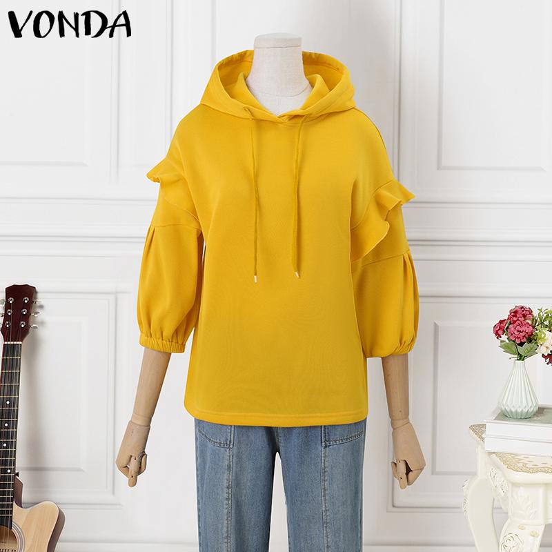 VONDA Women Ruffle Half Sleeve Hooded Pullovers Blouses Hoodies