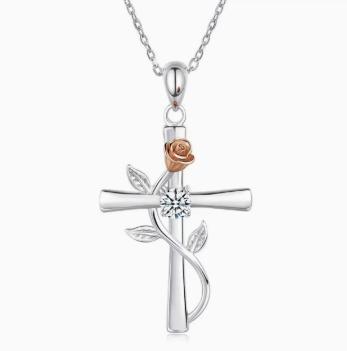 Women's Rose Wrapped Cross Pendant Necklace, Two-Tone Electroplating with Sparkling Zirconia,