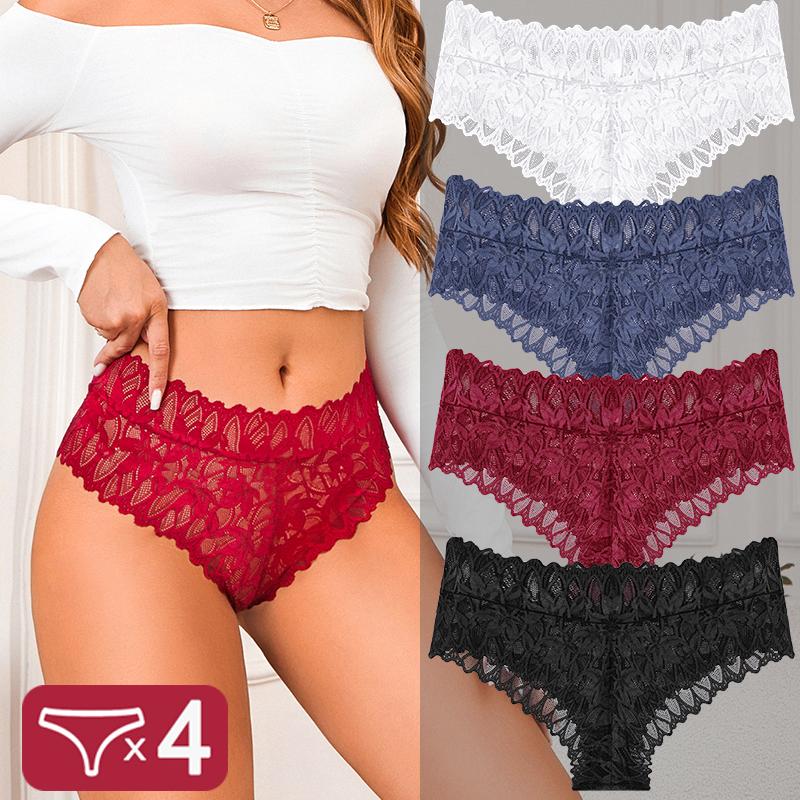 4PCS Women Floral Lace Panties Sexy Perspective G-String High Waist Solid Color Underpants Female Breathable Intimates Lingerie