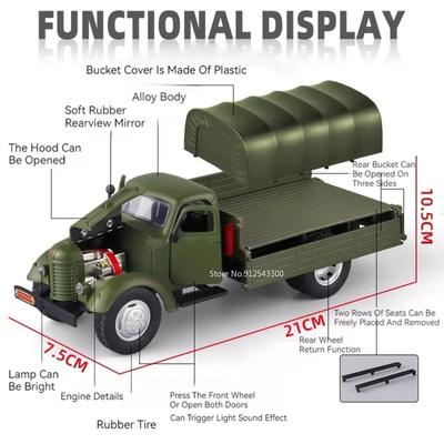 1:24 CA10 Vintage Truck Armored Car Model Toy Alloy Diecast Military Carrier Transport Vehicles Models Sound Light Kids Gifts