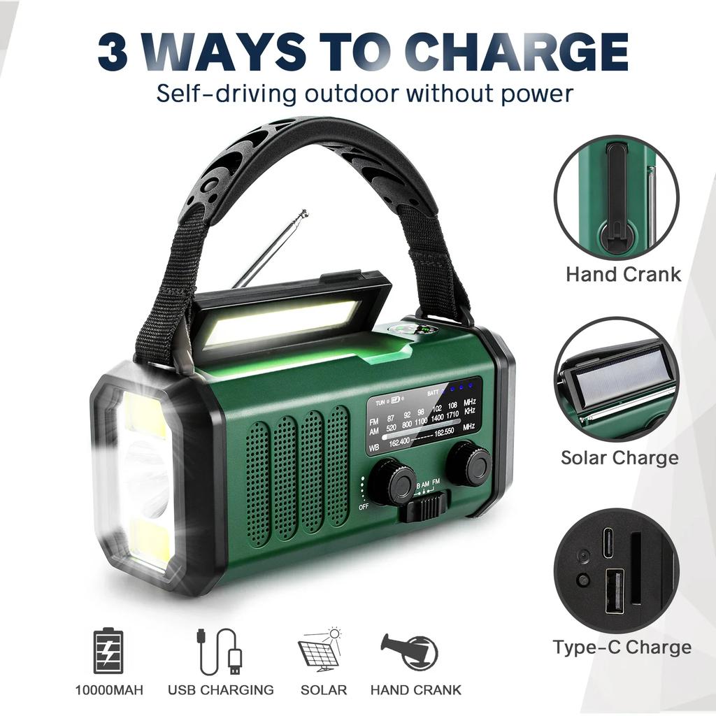 Woopker 10000mAh FM Emergency Radio Solar Hand Crank Generator FM  Radio SOS Alarm Power Bank for Car Outdoors Repair lighting