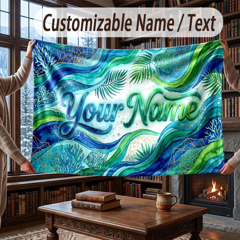Octopus Sea Life Theme Throw Blanket Custom Name Text Personalized Blanket Soft Cozy Blanket for Home Sofa Bed