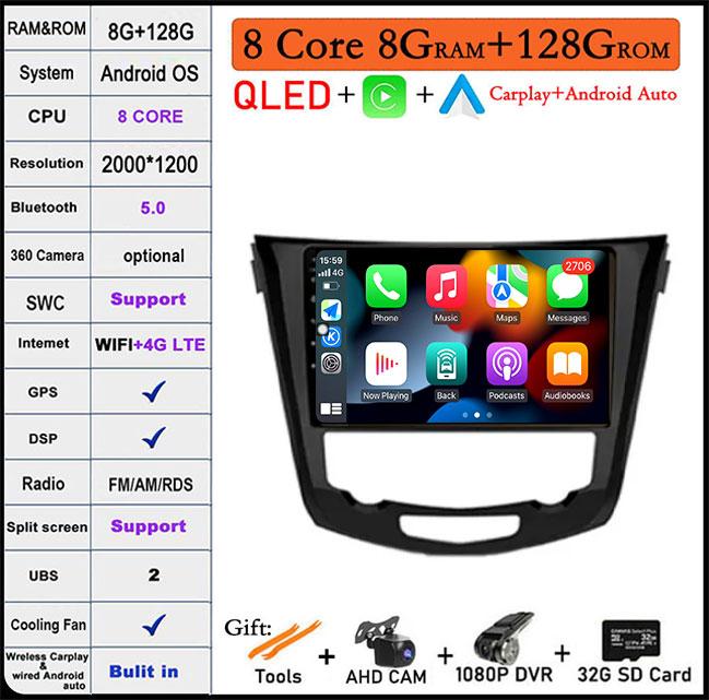 10" DSP For Nissan Qashqai J11 Nissan X trail T32 2014 - 2017 Android 14 Car Multimedia Radio Carplay GPS Navigation
