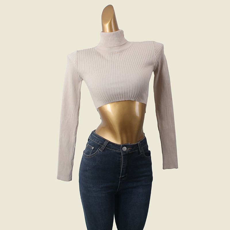 South Korea Fashion Brand H Home High Neck Short Knitwear Winter Bare Midriff Slim Fit Sunken Stripe Sexy Sexy Top Female