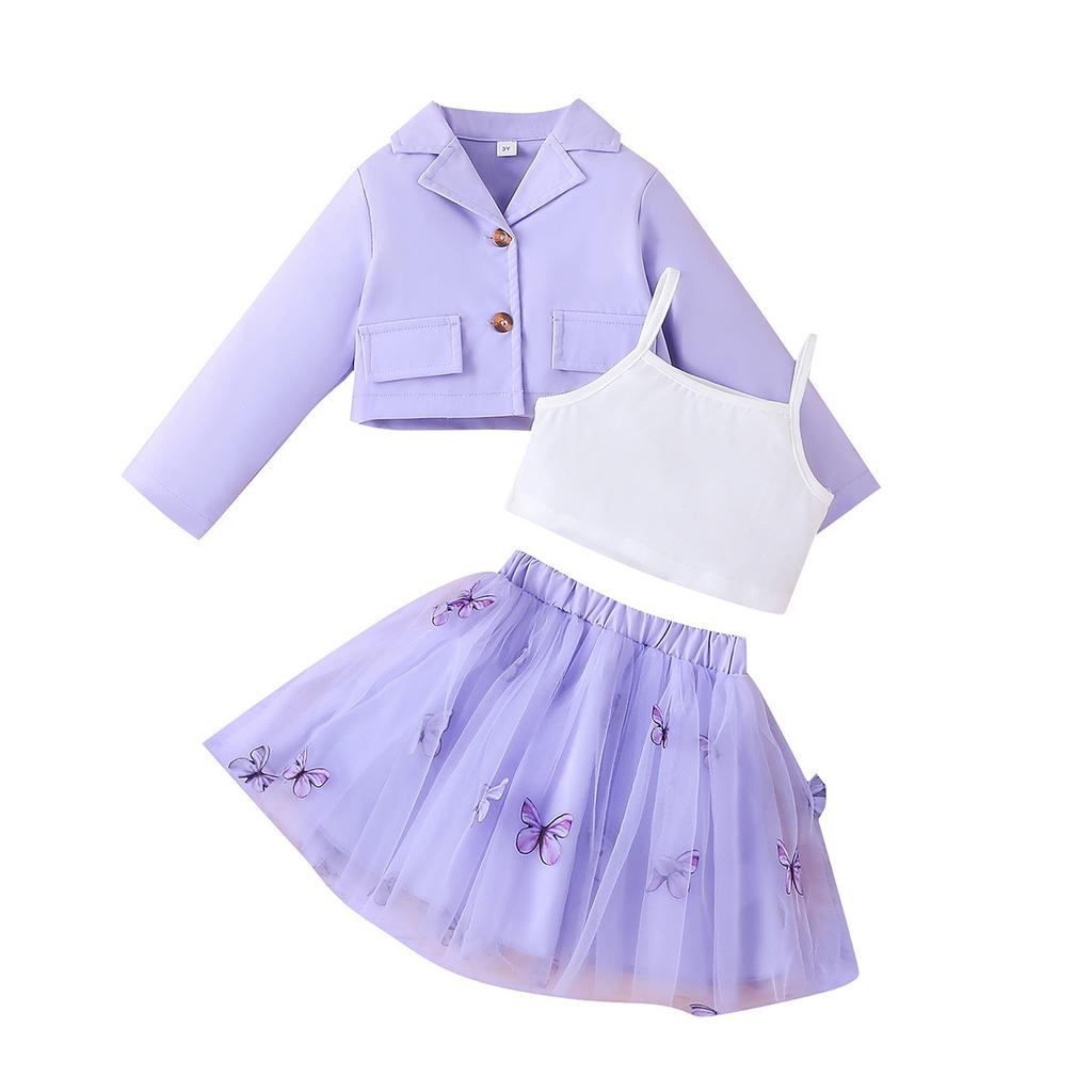 New Children's Long Sleeve Jacket + Vest + Short Skirt Three-Piece Spring and Autumn Little Girl's Mesh Skirt Set