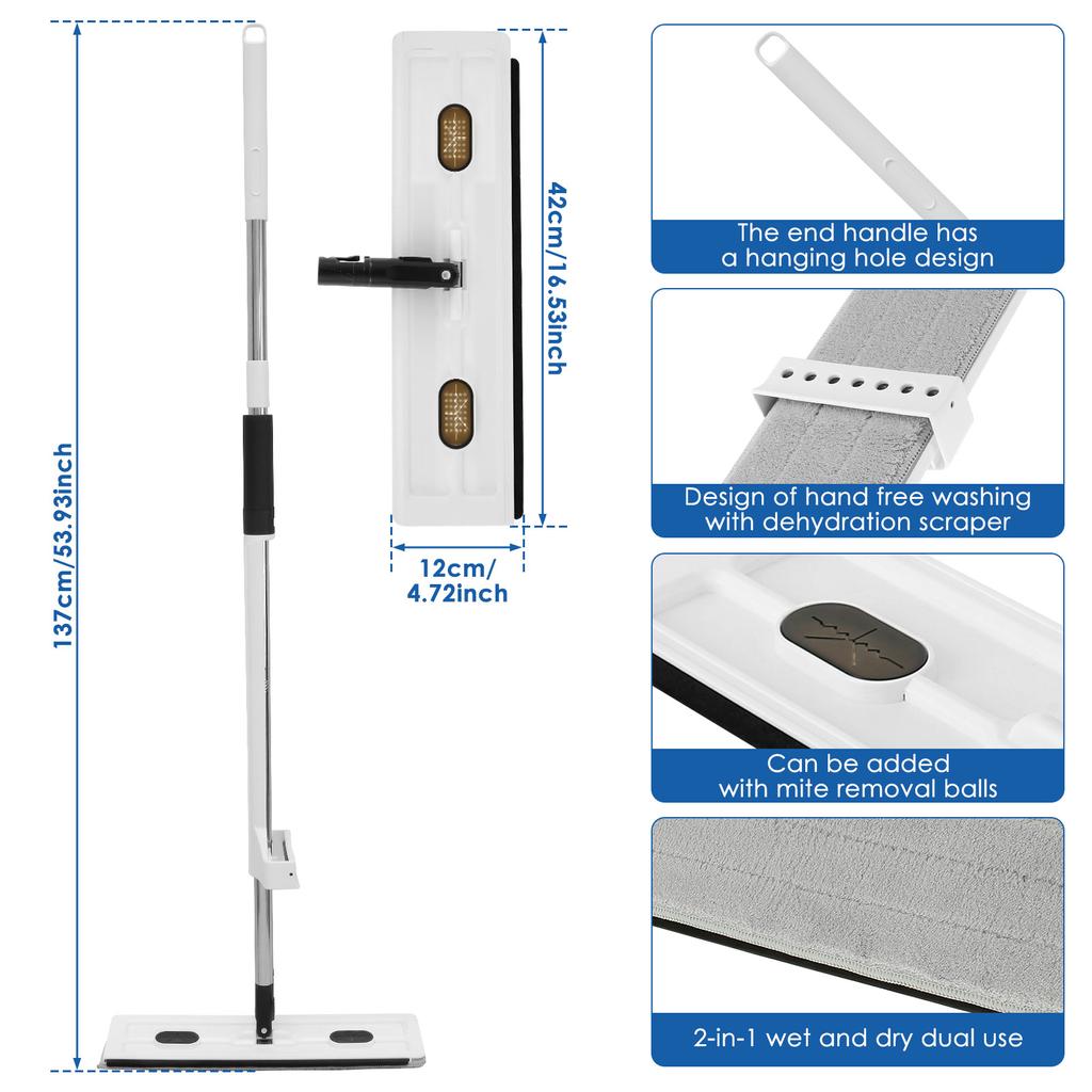 Flat Floor Mop 360 ° Rotating Floor Mop Extra Large Length 137 Cm Wet and Dry Hands-Free Dust Mop for Kitchen Living Room