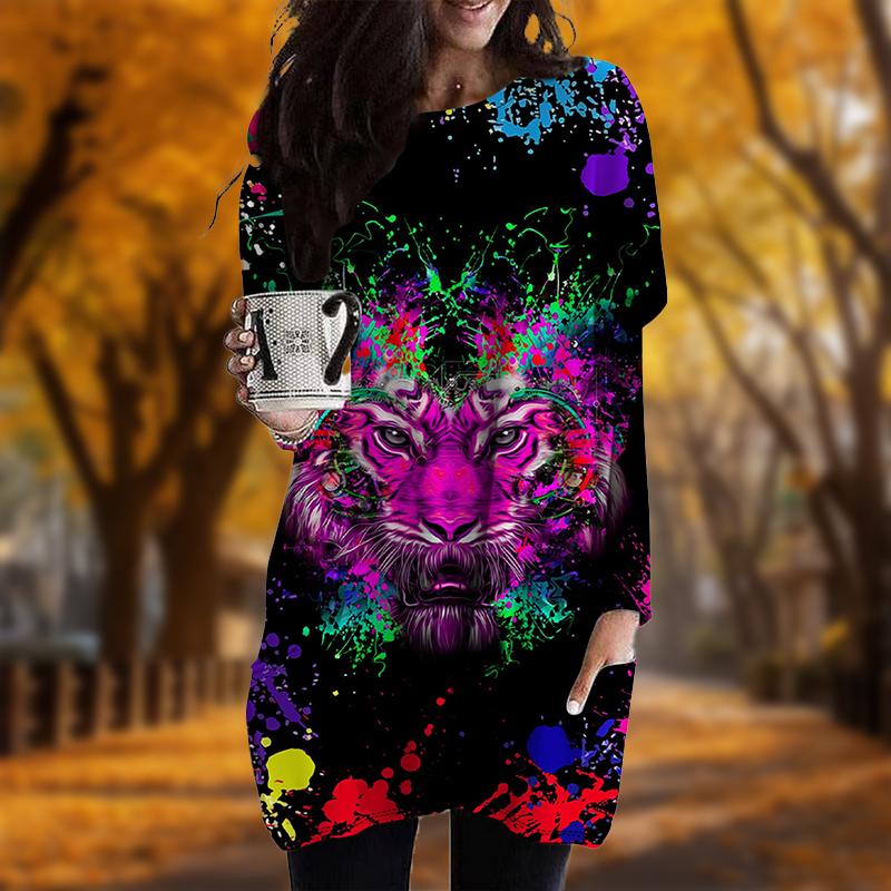 Novo no outono estampa de tigre vestido plus size feminino gola redonda mangas compridas vestidos casuais com bolso