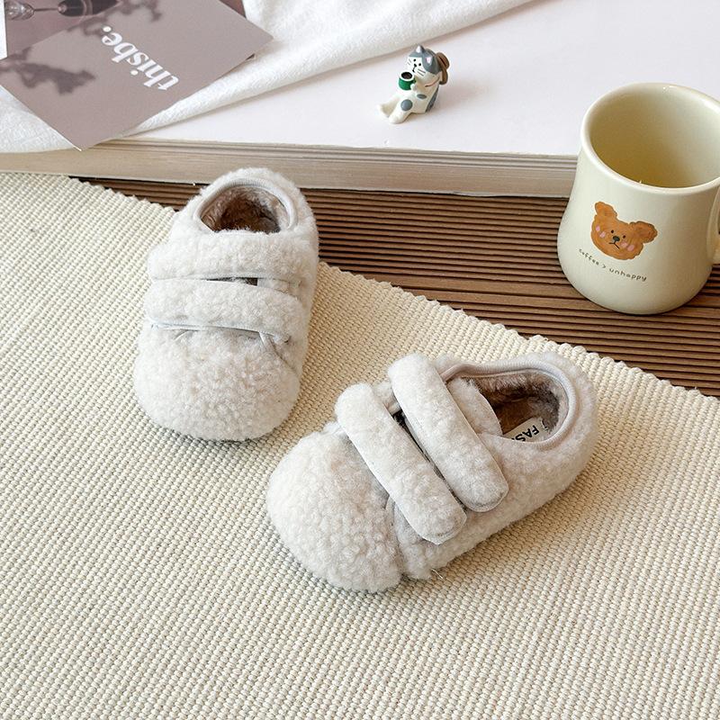 Children's Solid Color Furry Shoes, New Autumn/Winter Style, Cute Woolen Warm Shoes for Girls, Solid Color Fleece-Lined Cotton Shoes
