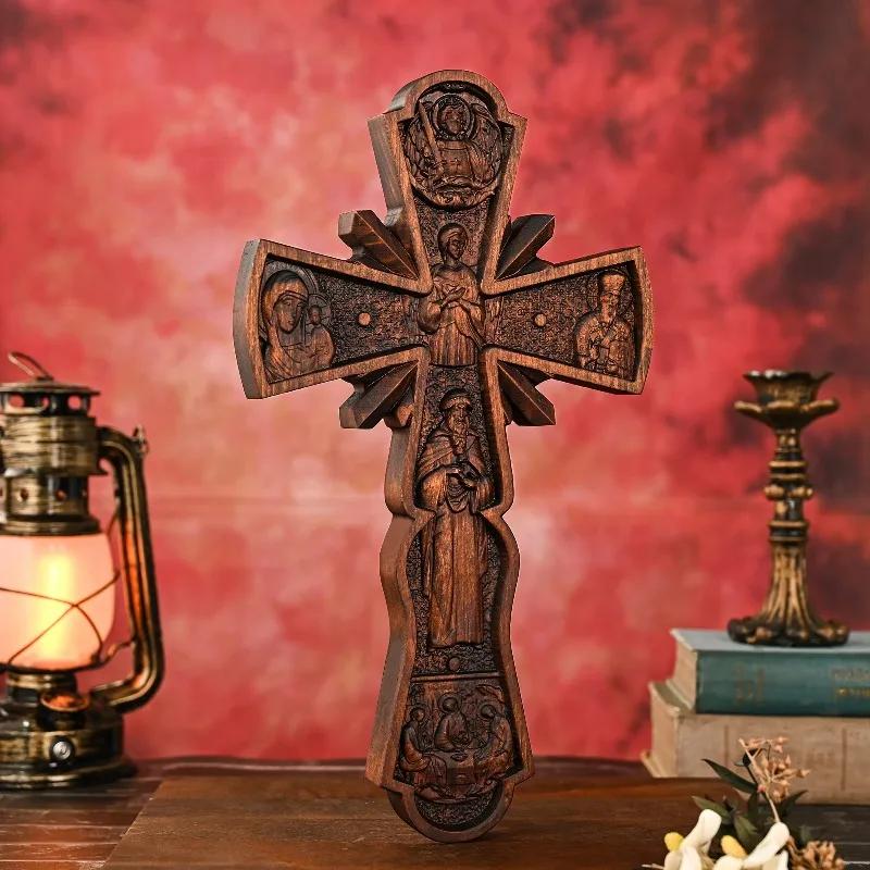Vintage Solid Wood Carving Orthodox Cross Wooden Crafts Church Holy Home Living Decorations