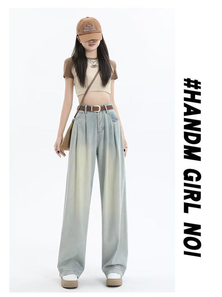 Korean Style High Waist Wide Leg Jeans - Women's Retro Pleated Loose Straight-Leg Pants for Spring & Autumn