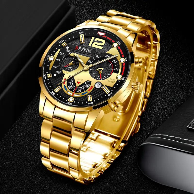 3pcs/set, 1pc Fashion Calendar Men's Quartz Watch, Business Men's Stainless Steel Wrist Watch, Men's Gifts