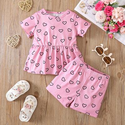 Toddler Girl Clothing Set 1-8Y Cute Heart Printed Top and Elastic Waist Shorts Kids 2PCS Sweet Summer Outfit