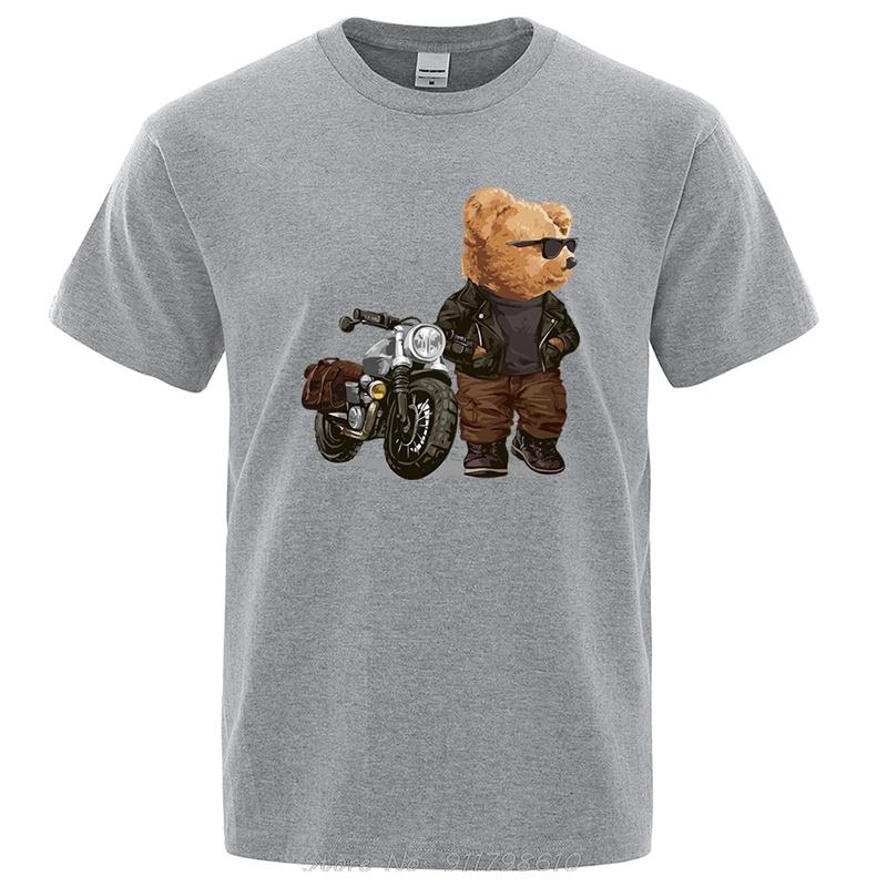 Motorcycle Teddy Bear Wearing Sunglasses T Shirt Unisex O-Neck Funny Clothing Cotton Oversized Tops Hip Hop Casual T-Shirt